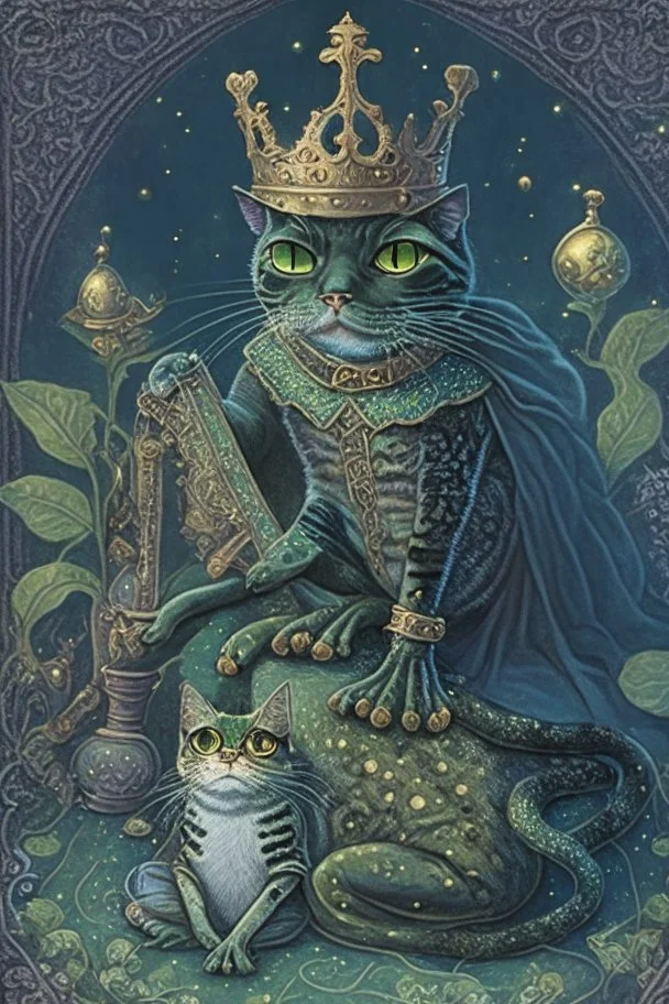 dark fantasy, intricate cover, whimsical with a cat in boots and a frog with a crown and a glass slipper