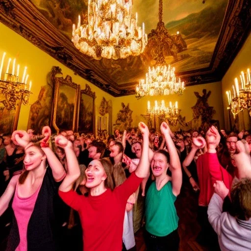 Celebration in a schloss, austrian cheering people, Austrian aesthetic, warm colors, wooden floor, forest green walls, red, chiaroscuro, 8k, HD, cinematography, photorealistic, Cinematic, Color Grading, Ultra-Wide Angle, Depth of Field, hyper-detailed, beautifully color-coded, insane details, intricate details, beautifully color graded, Cinematic, Color Grading, Editorial Photography, Depth of Field, DOF, White Balance, 32k, Super-Resolution, Megapixel, ProPhoto RGB, VR, Halfrear Lighting,