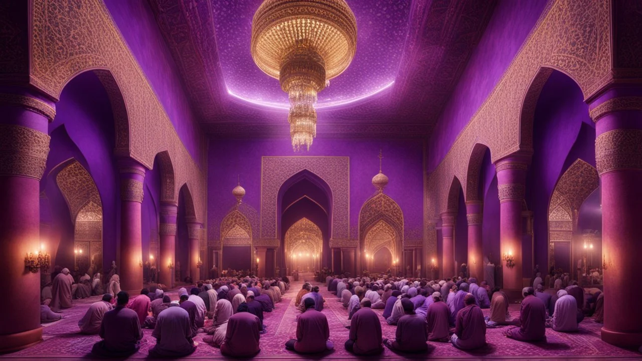 Hyper Realistic Photographic-View of lots of Muslim-Men praying inside a Massively-Huge-Beautifully-Crafted-Purple-&-Maroon Wall-Mosque with detailed-pillars & Garland-Light-Decorations-&-Lamps with dramatic-&-Cinematic-Ambiance at night.