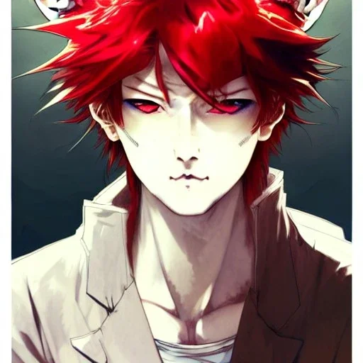 Detailed anime boy, crimson red hair, wolf ears, oranged colored eyes, white trench coat, intricate details, full body portrait, keep head in frame, slight smile, black Japanese motif, concept art, highly detailed, digital painting, concept art, sharp focus, illustration, art by Yoji Shinkawa, WLOP and greg rutkowski and alphonse mucha and artgerm and yanjun Chen and Junji ito and Makoto Shinkai, HDR, octane render