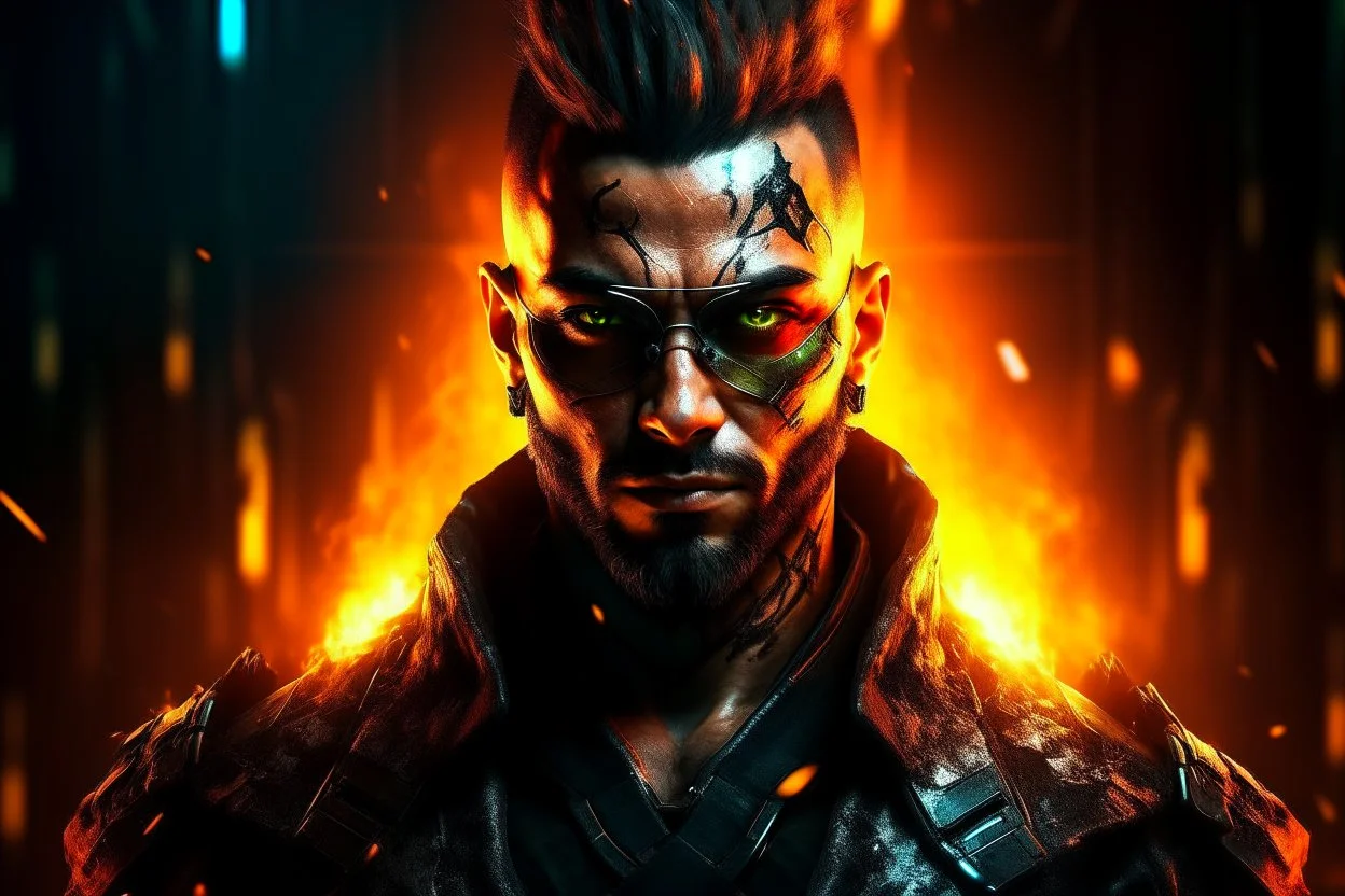 Portrait roi mma cyberpunk, incendie en arrière plan