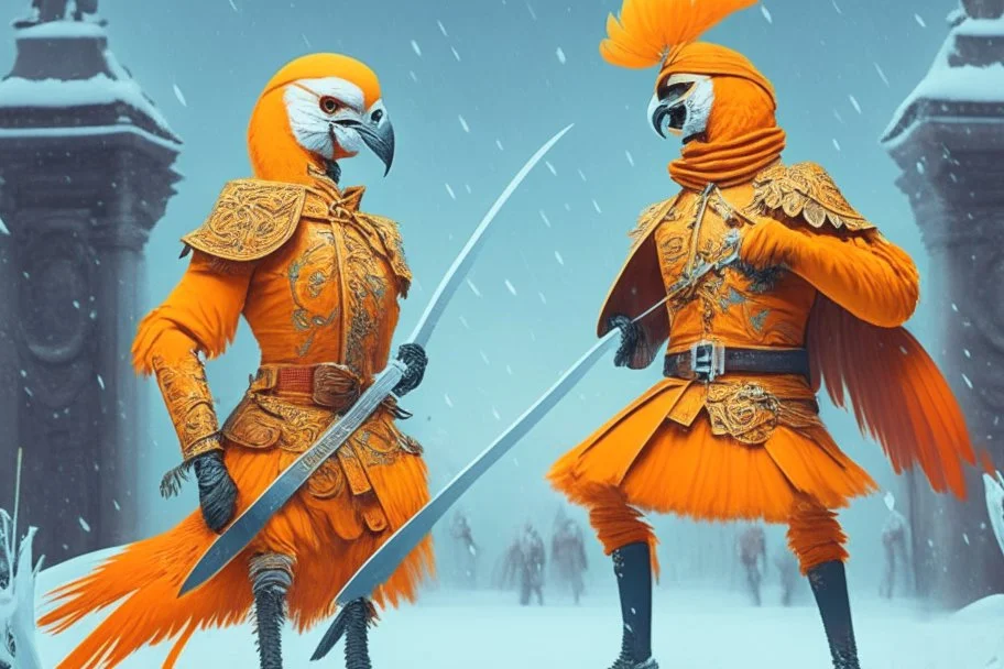 half parrot half human in a orange Dutch uniform with a katana having a sword fight in snow against a half human half skeleton