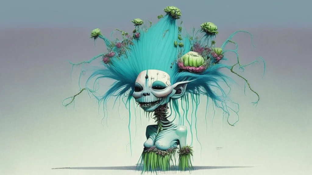 Partially skeletonized troll doll in ceremonial dress for getting married with plants growing from the top of her head; Alex Pardee; surrealism