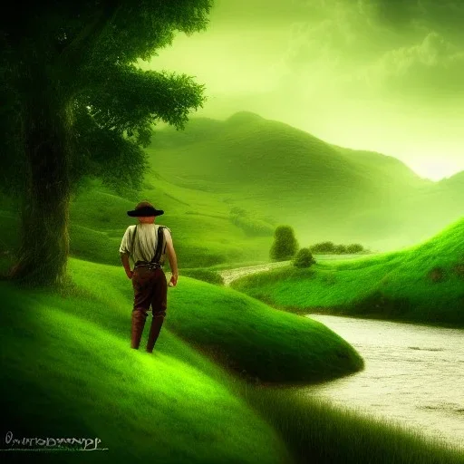 Landscape, the shire, fantasy, green, Brown, warm, a man sitten by the river