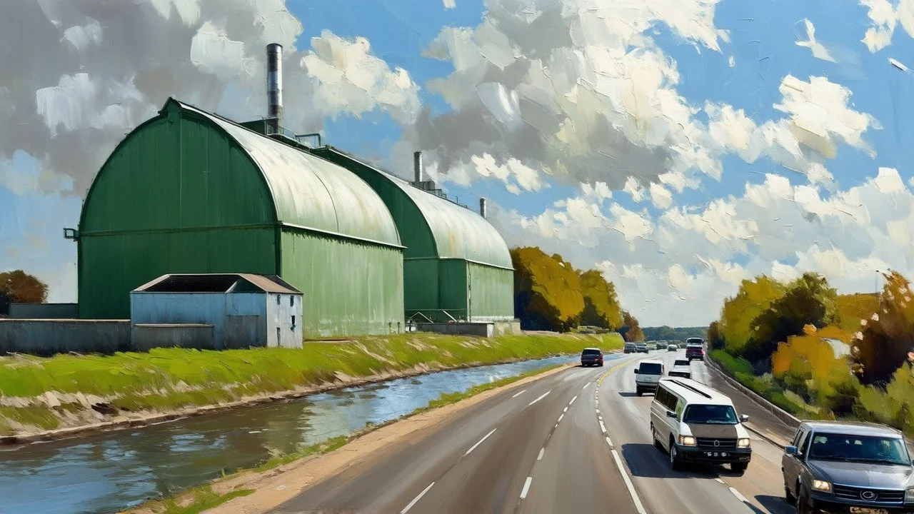 Oil painting, river power plant with a bright, reflective sheet metal roof, inspection opening visible, alongside a busy road with passing vehicles, sophisticated muted-green color scheme, dramatic dutch light, creative, extremely detailed brush stroke