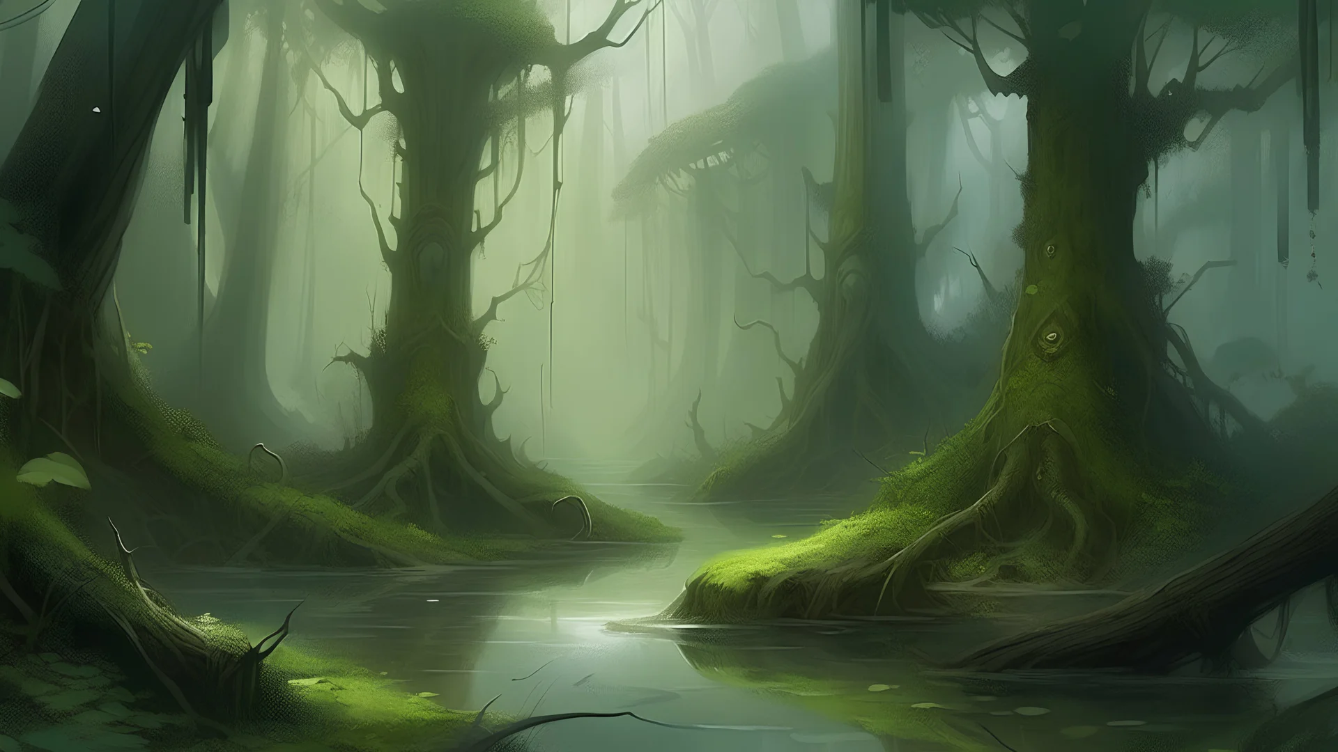 slightly sparse swampy forest dnd art