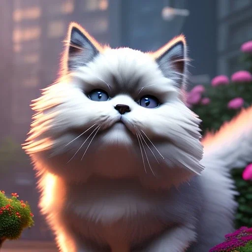 pixar style, volumetric summer garden environment and background, realistic painting of an cyberpunk Persian cat, looking excited, volumetric lighting, dramatic lighting, detailed digital painting, extreme dense and fine fur, anime, ornate, colour-washed colors, elegant, small minutiae, tiny features, particulars, centered, smooth, sharp focus, renderman gofur render, 8k, uhd, detailed eyes, realistic shaded volumetric lighting, sunlight caustics, backlight, centered camera view