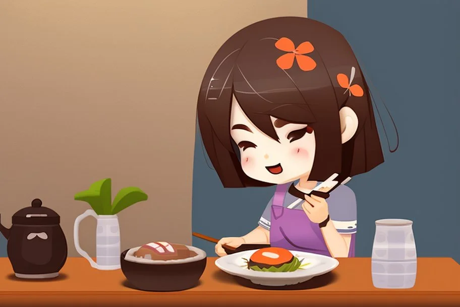 contented cute chibi girl eating sushi