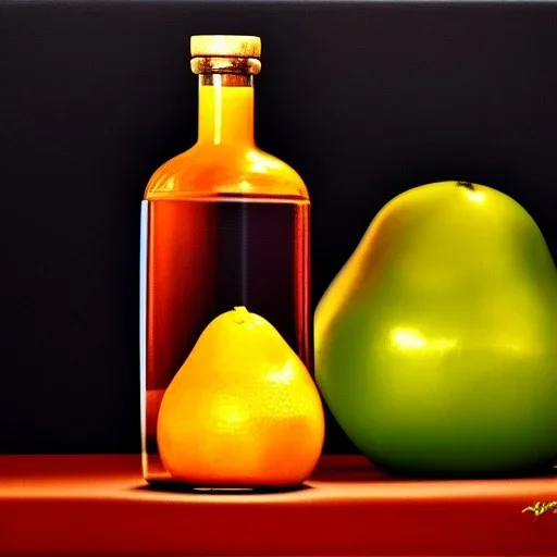 still life bottle half fruit