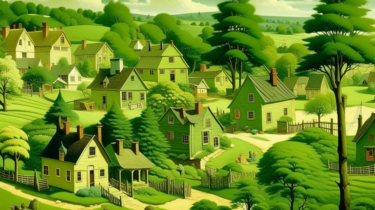 An olive green village with wooden houses painted by Edward Hicks