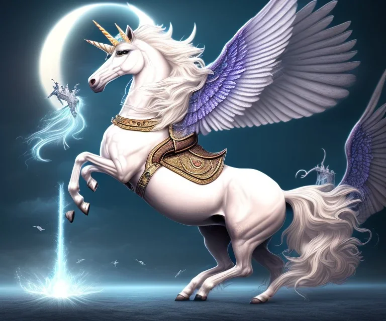 unicorn, surreal fantasy art, highly detailed, intricate patterns on wings, soft studio lighting, smooth dark blue background 64k