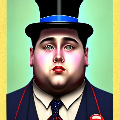 A half body portrait of a 1930s businessman in his late 20s with a small bowler hat and a blue suit. He is obese and has black hair