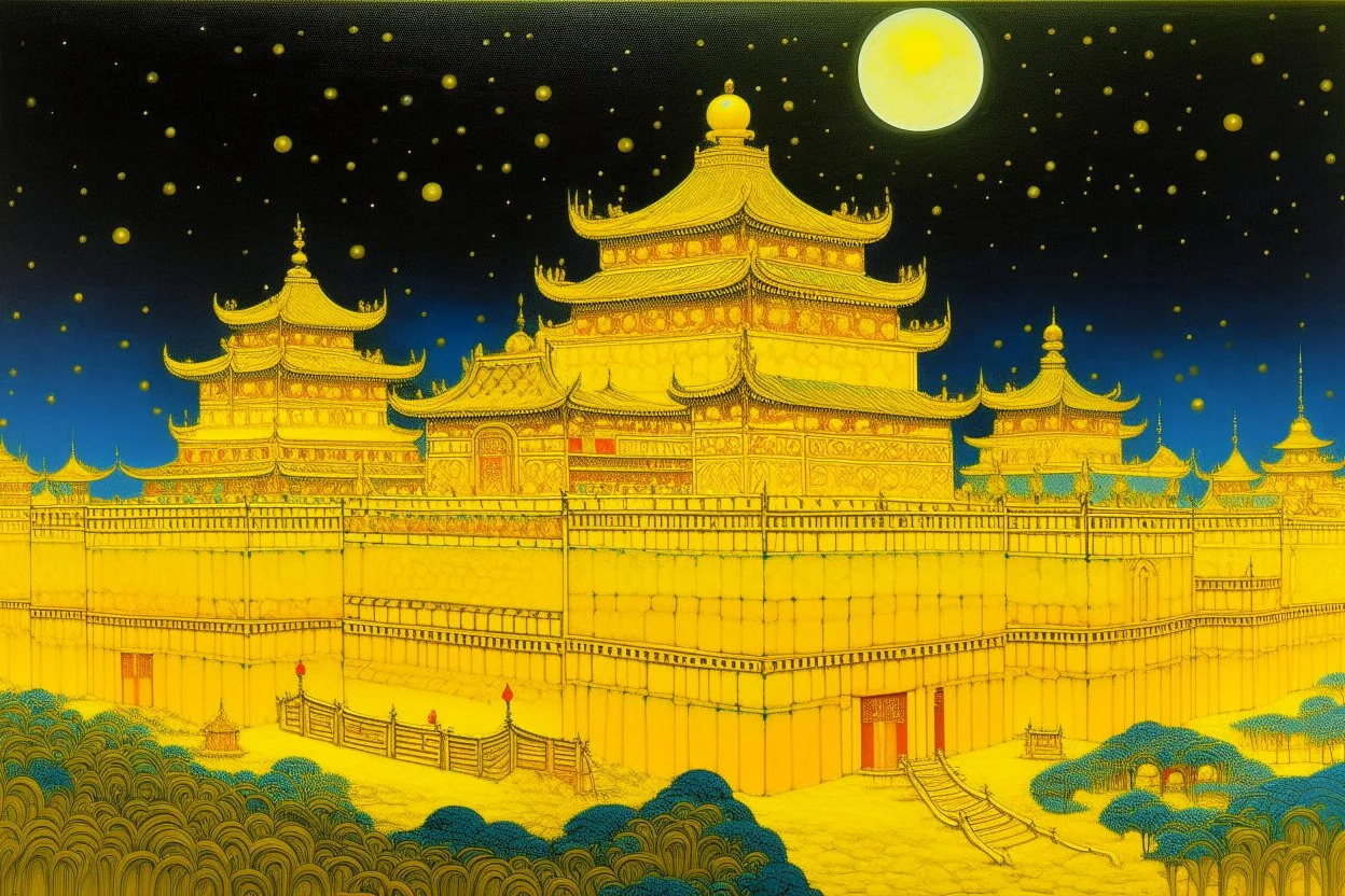 A yellow fortress with glowing halos painted by Qiu Ying