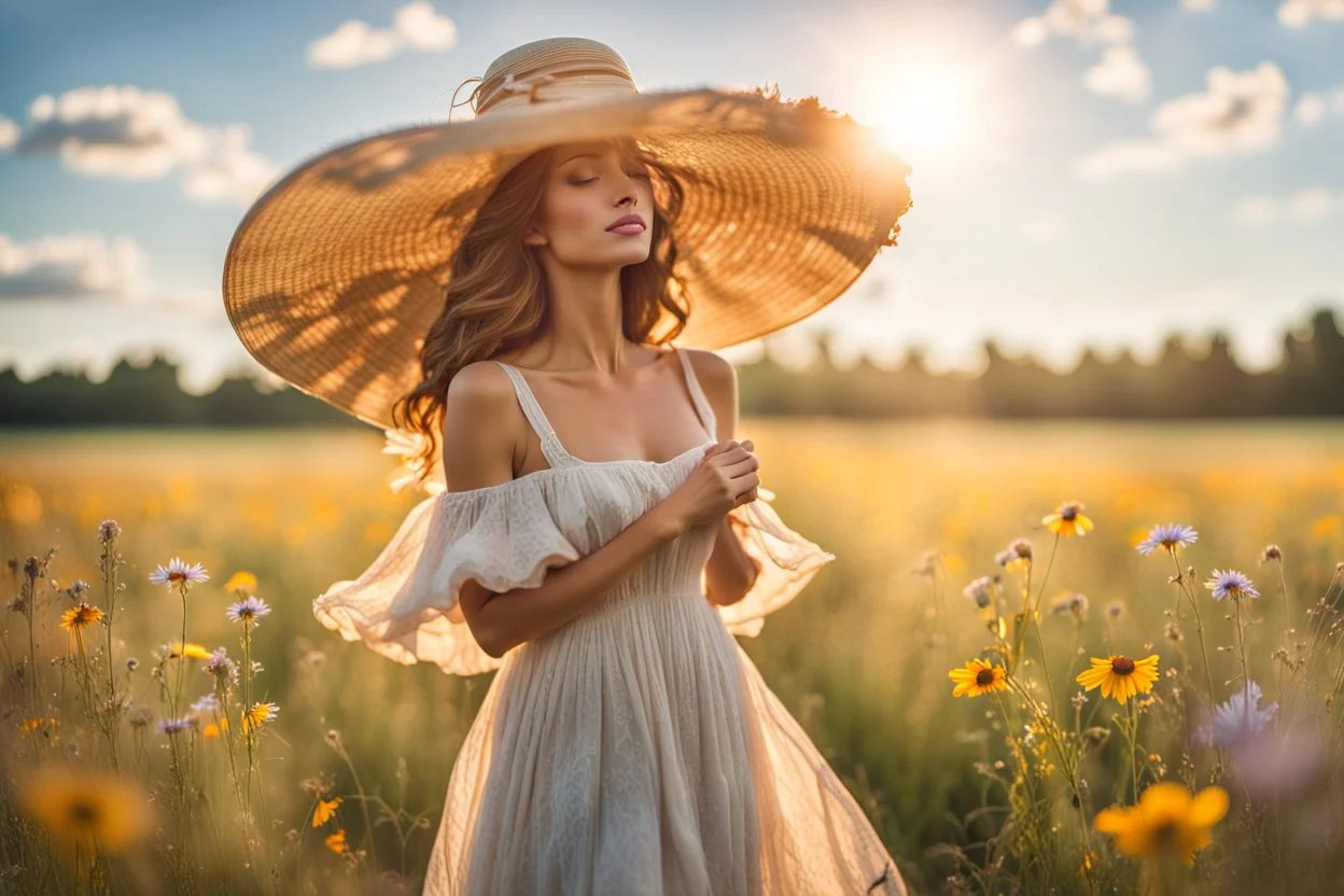 ohot from a young woman, elegantly adorned in a big summer hat and a summer dress stands in the center of a vast field. Her eyes are closed, a gentle smile playing on her lips as she feels the warm embrace of the sunshine and the tender kiss of a soft summer breeze. The meadow is a canvas of harmony with a dazzling array of wildflowers that dance and sway in the little wind. The blue sky and sunshine, high reality, detalied, photoreal, stunning