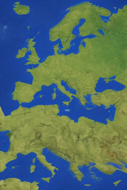 European countries are viewed from space, roads, cities, signs are visible. Highlight the names of the countries on the map. The clouds are naturalistic