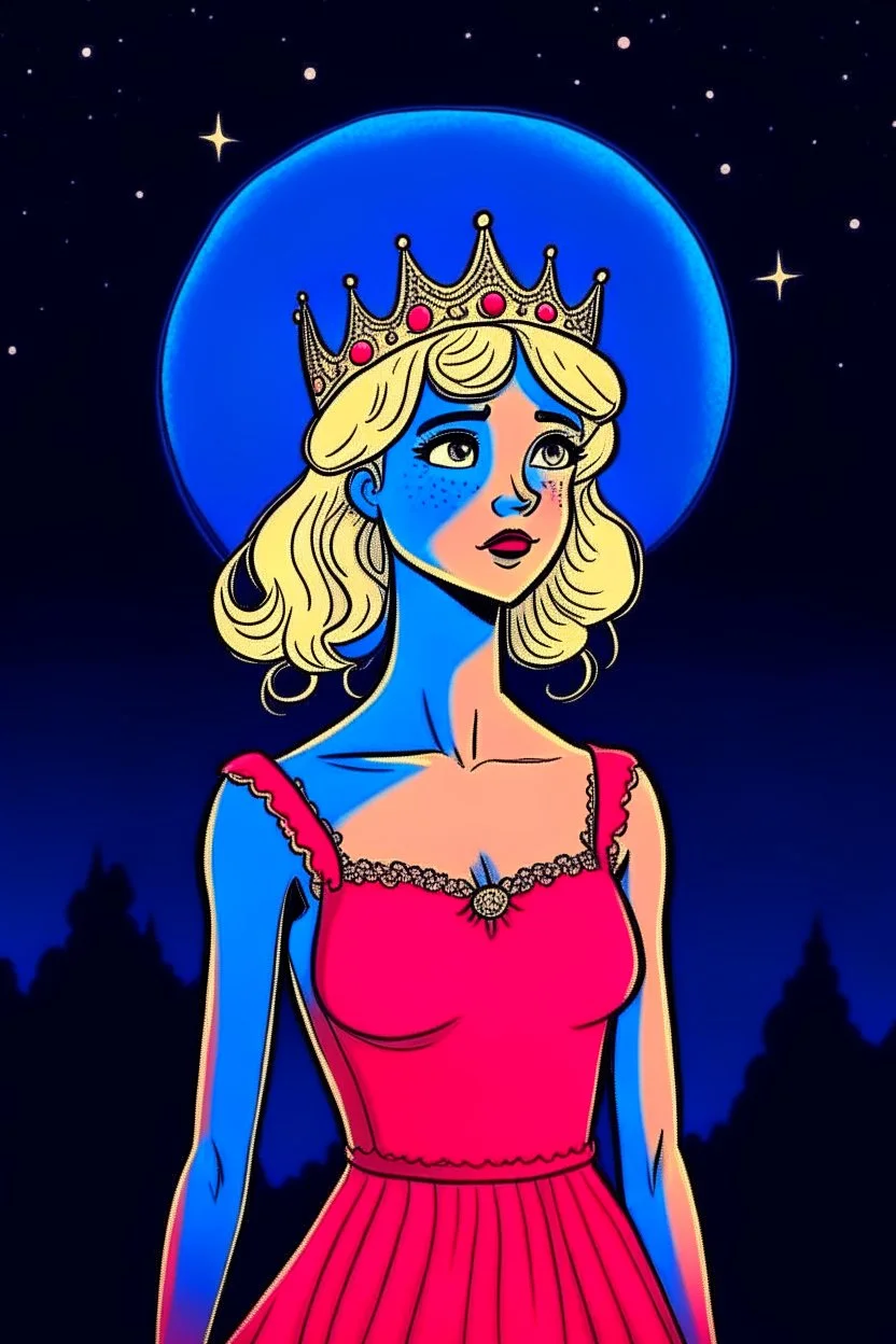 Blonde girl, white skin color, blue eyes, standing in the moonlight, handdrawn, red dress, wearing a crown,