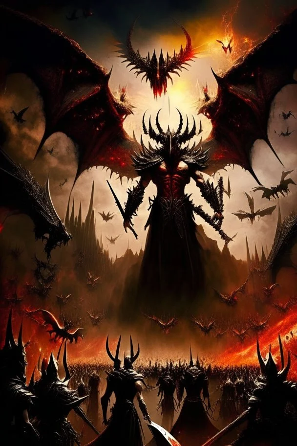 The war of angels and demons in heaven Sauron, the lord of darkness, with the devil and his army, in the land of destruction At war with humans