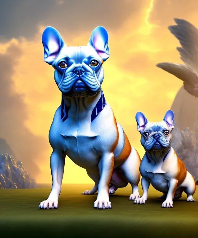a detailed illustration of a french bulldog, phoenix bird wallpaper, luminescent body, full body, symmetrical body, realistic, glowing muscles, sharp focus, meticulously detailed, soft evening sky, 64k, french bulldog angels, angel