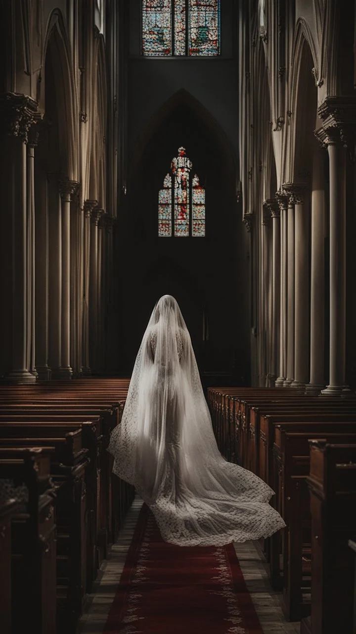 girl alone wearing lace veil with blood on it praying in church.cinematic.