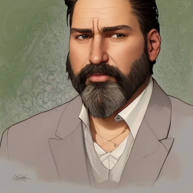 "MIddle aged white human male, with a trimmed but uneven beard, piercing green eyes with slick back hair head and shoulders portrait, 8k resolution concept art portrait by Greg Rutkowski, Artgerm, WLOP, Alphonse Mucha dynamic lighting hyperdetailed intricately detailed Splash art trending on Artstation triadic colors Unreal Engine 5 volumetric lighting Splash art fantasy"