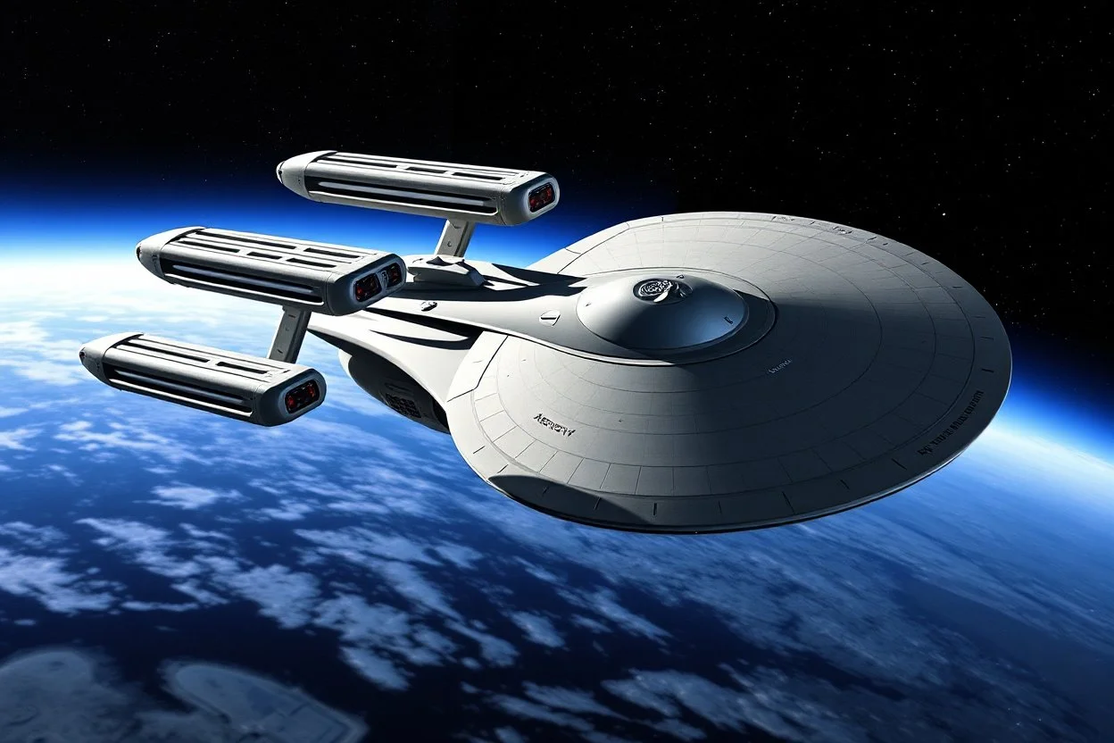 The starship Mercury from Star Trek, a elongated version of the 1701-D with 6 nacelles and a hammer head shark shaped saucer and engineering section