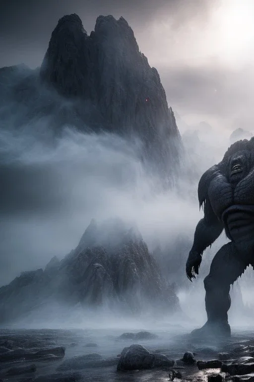 Giant scary humanoid monster, made of stone and ice, dramatic scenery, cold light