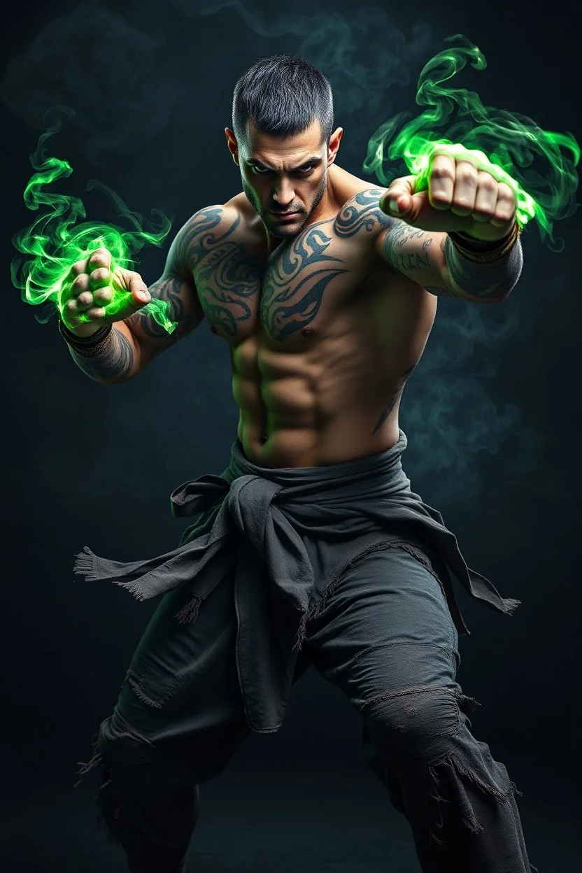 A powerful martial artist warrior in a dynamic combat stance, muscular and battle-hardened, wrapped fists glowing with mystical green energy, swirling ethereal smoke and aura around his body. He has intricate tribal tattoos covering his arms and torso, short textured hair, intense focused expression, and a rugged, disciplined presence. Wearing torn, weathered monk-style pants and cloth wraps around hands and feet, fabric flowing with motion. Cinematic dramatic lighting, dark moody background, vo