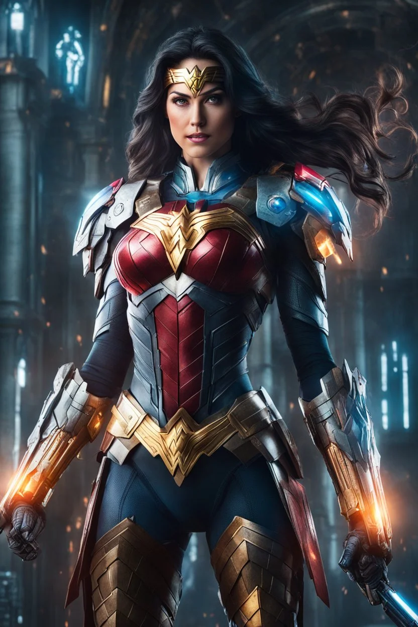 Halfbody Photography excited pose Wonder Woman with body mecha|full armor|organ|mystery|runes|neon|light, imbalances, mutations, anomalies, natural beauty