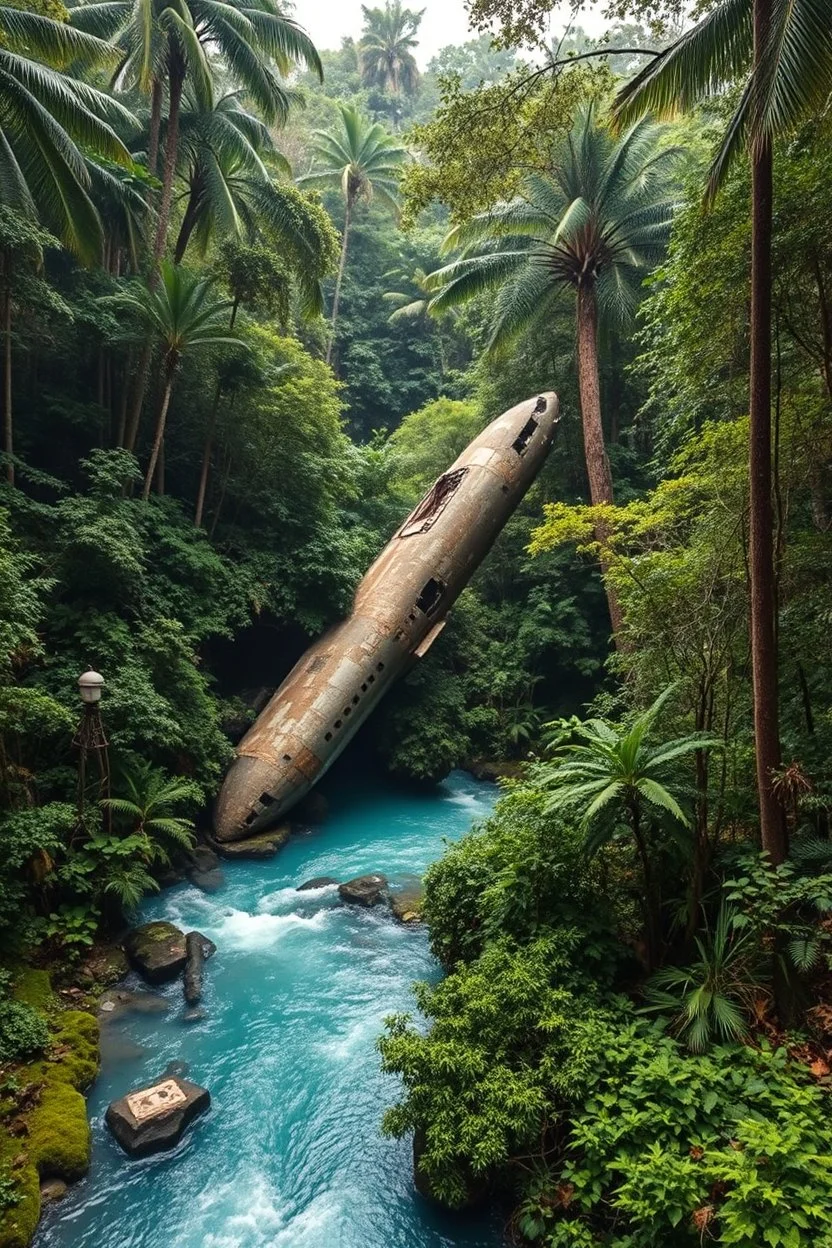 An airplane crashed among relict trees, tropical forest in some places covered around blue beautiful river fantasy, photo