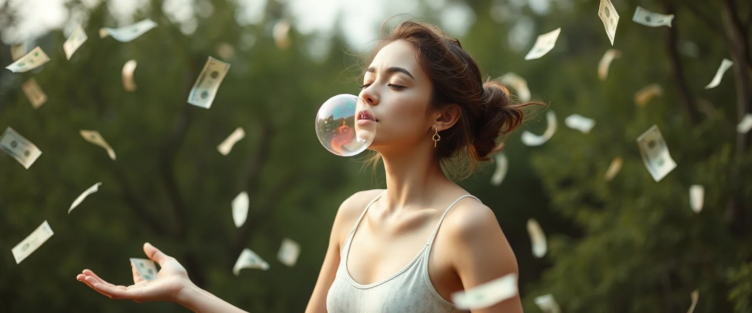 yoga mind bending bubble gum as a young woman floating transparent notes in the weirder universe