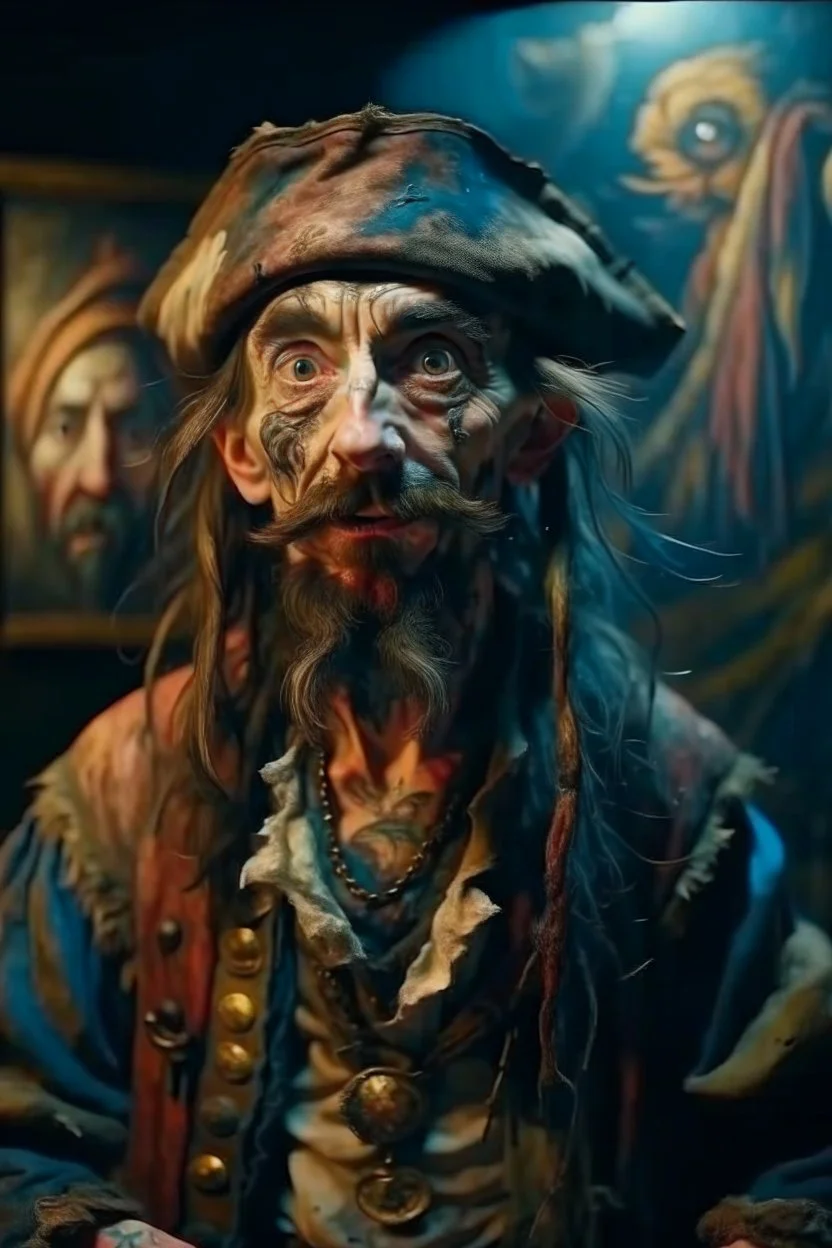 portrait of crazy pirate artist in front of insane painting, 4 k, down light, depth of field, trending on art station, high detail, cracked ground