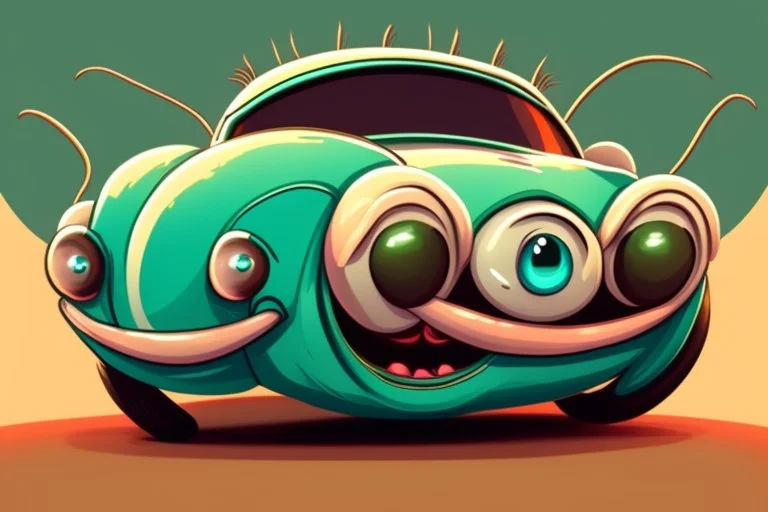 whimsical cartoon car with big eyes and its front grill forming a friendly smile, with a mouse character riding on it.