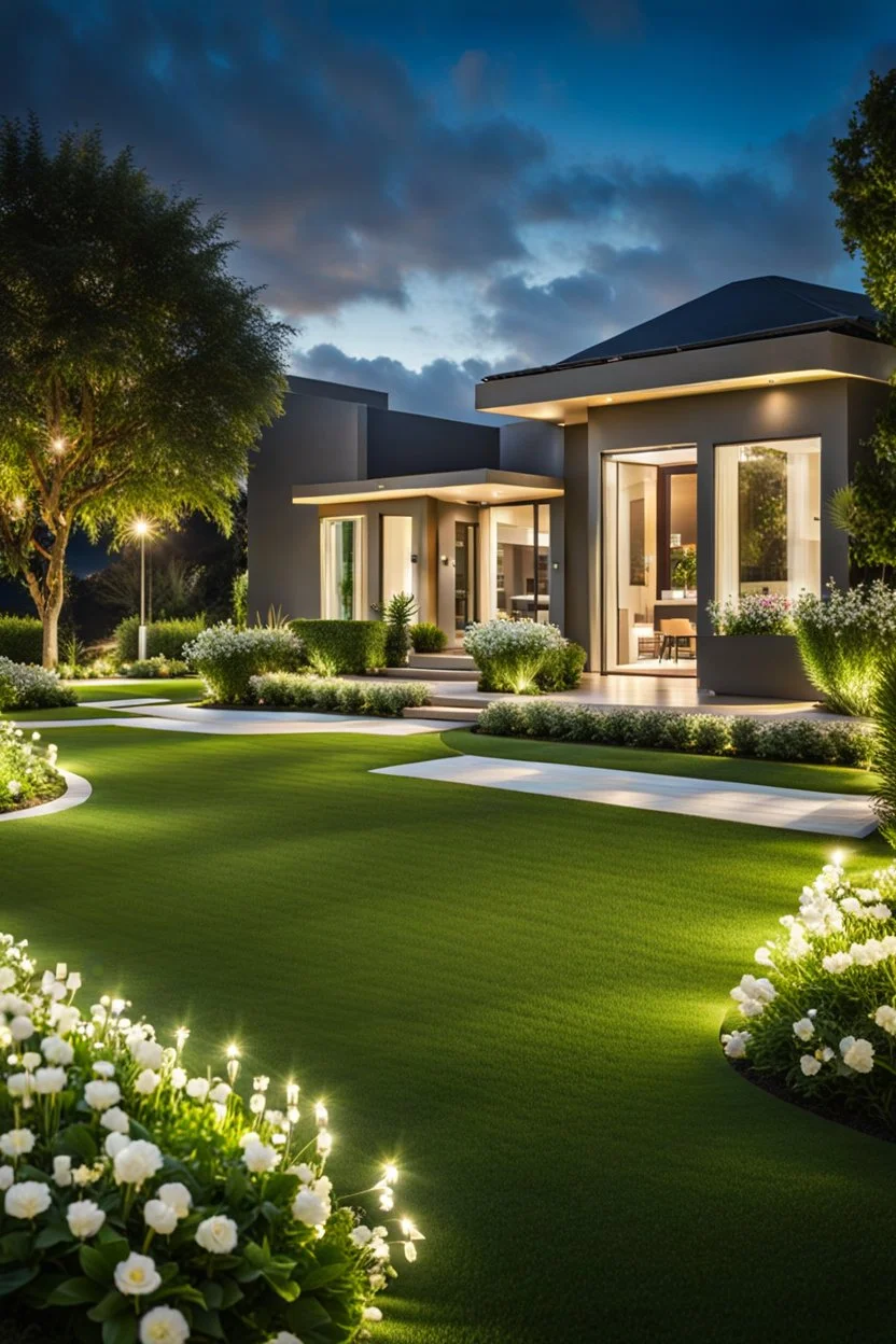 beautiful villa front yard with green field ,flowers luxury lights