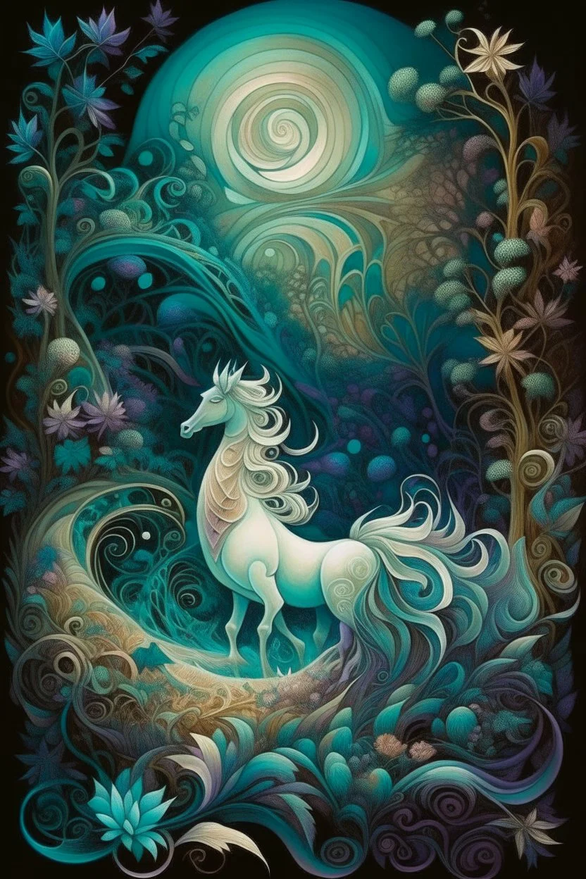 MAGIC surreal forest filled with delicate patterns and pearly glow Fantasy. Surrealism. Two wave spirals are intertwined against the background of the forest - satin emerald floral and purple - blue diamond. Delicate patterns and graceful curves fill the space. An opal Arabian steed with a magnificent mane stands in the center of the painting. Gold filigree complements the composition. A gentle glow emanates from pearls and rosehip buds, creating an atmosphere of mystery and mystery. Detailing