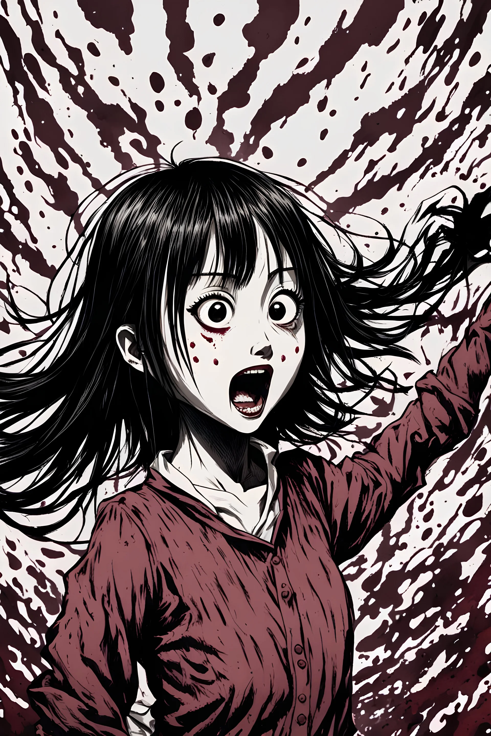 Petit woman with rare eyes, weird pose, fullbody, screaming, tears, Junji Ito style, darkred tones,