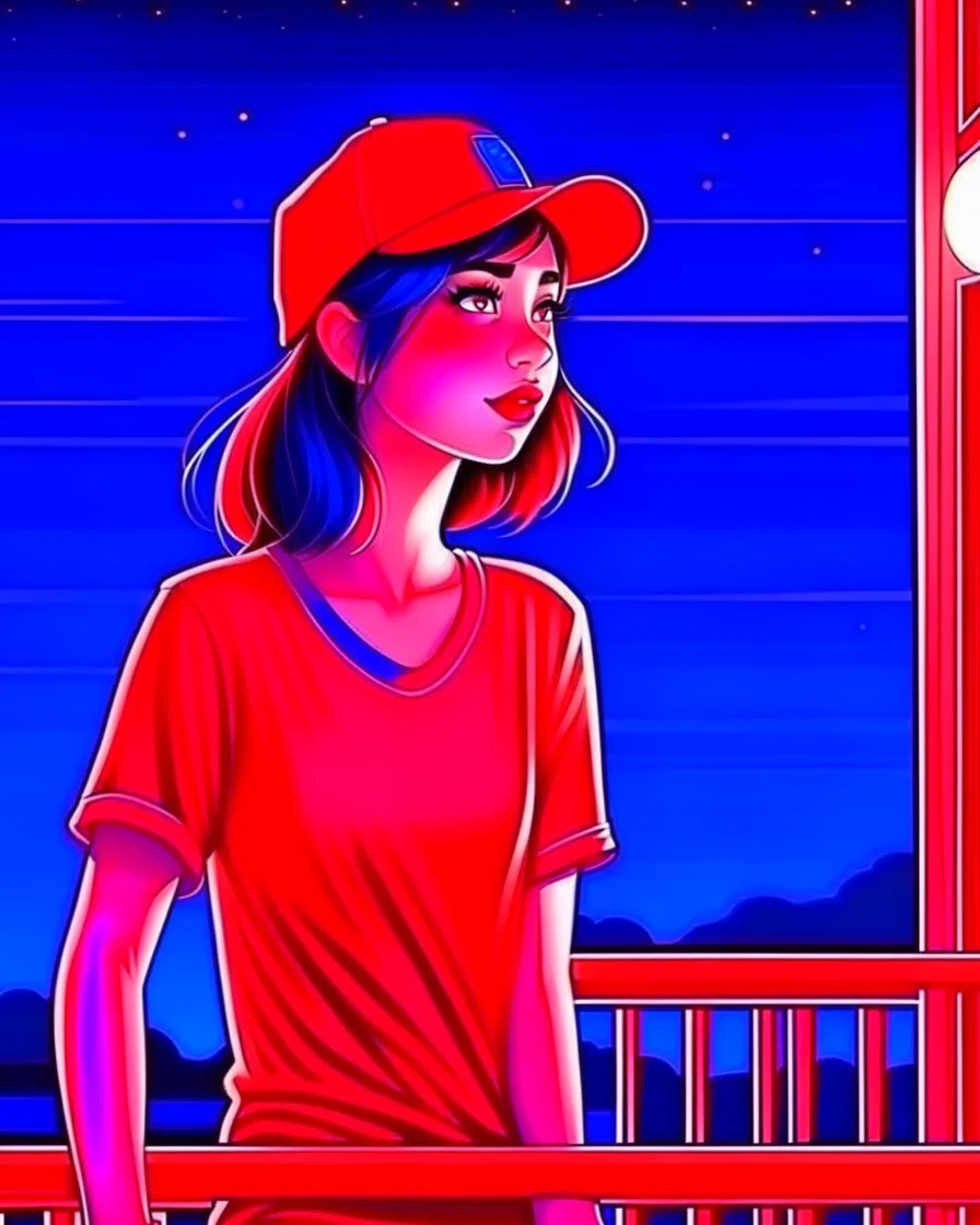 woman with a red baseball hat. leaning on a wooden balcony. night time. fantasy. cartoon. studio lightining.