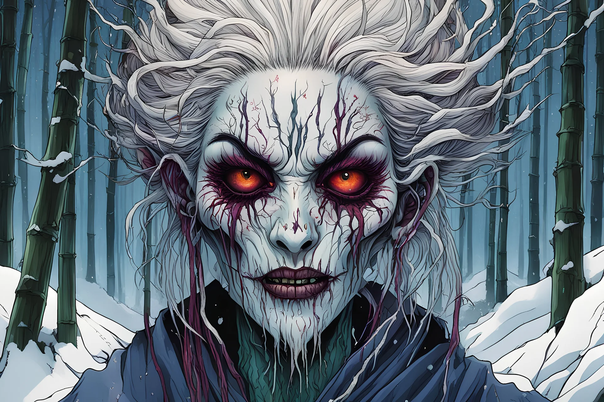 full color front facing portrait of a haggard and malevolent Harionago ghoul woman with highly detailed hair and slim, narrow facial features, in a haunted snow clad, winter mountain bamboo forest, pierced by shafts of moonlight , art in the style of Alex Pardee, spirited away, studio ghibli, , 8k , finely detailed and precise line work, soft gauzy pastel colors