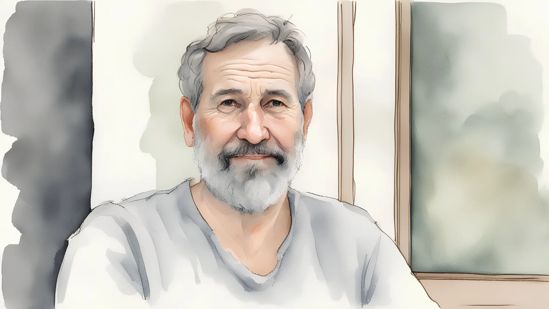 Create a watercolor portrait of a middle-aged man with a friendly expression. The man has medium-length, wavy dark hair that falls to his shoulders, and a full beard with some grey hairs. His eyes are dark and expressive, and he has a slight smile. He is wearing a light grey t-shirt with a small black graphic on the left side of his chest. The background is simple and light-colored, ensuring the focus remains on the man's face and expression. Use soft, flowing brushstrokes and subtle blending to