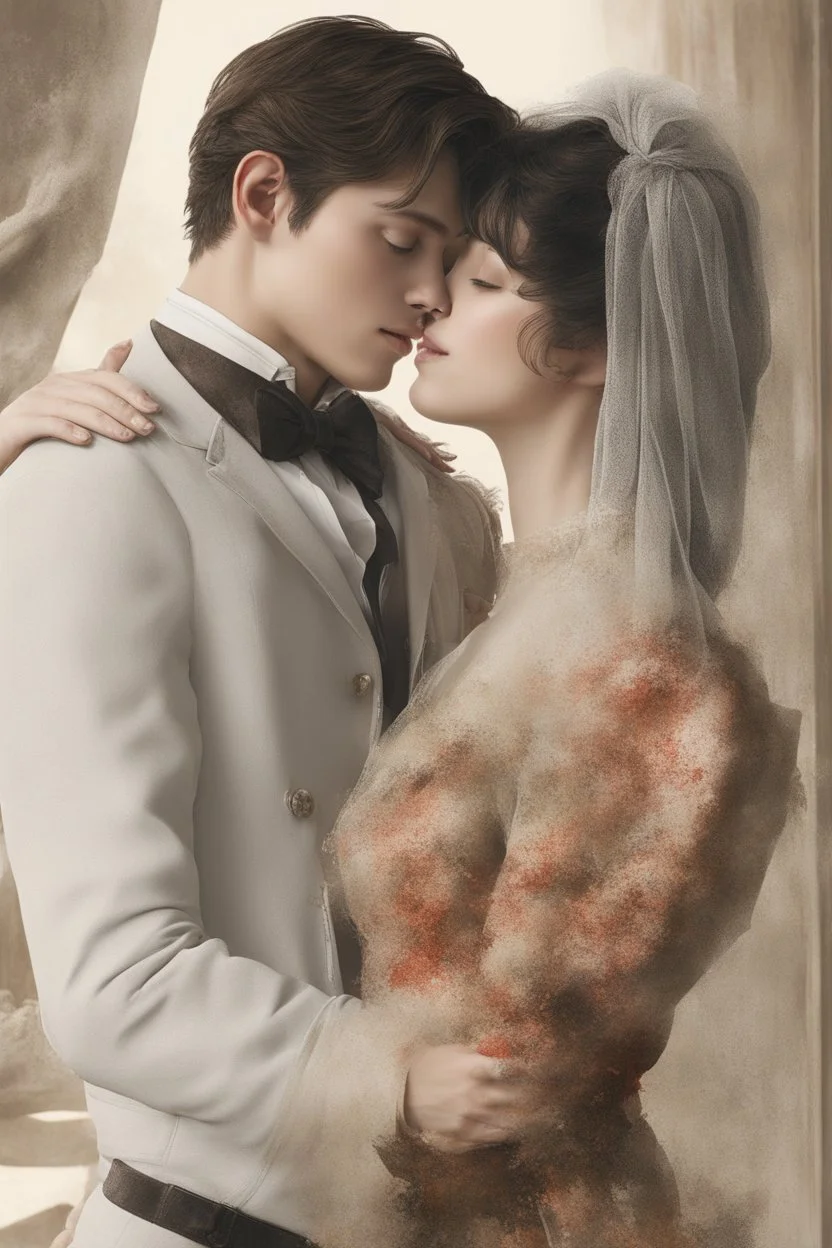 Style: image transformation with changing features, standing, intimate feelings and kissing, high realism, realistic relationship features, professional details sexually realistic, person for can give it homsexually of historical background