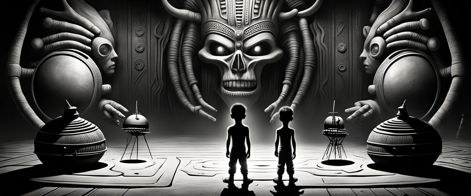 MAGAhat boy facing the native american drummer like in the press in the style of giger and escher and fallout 4