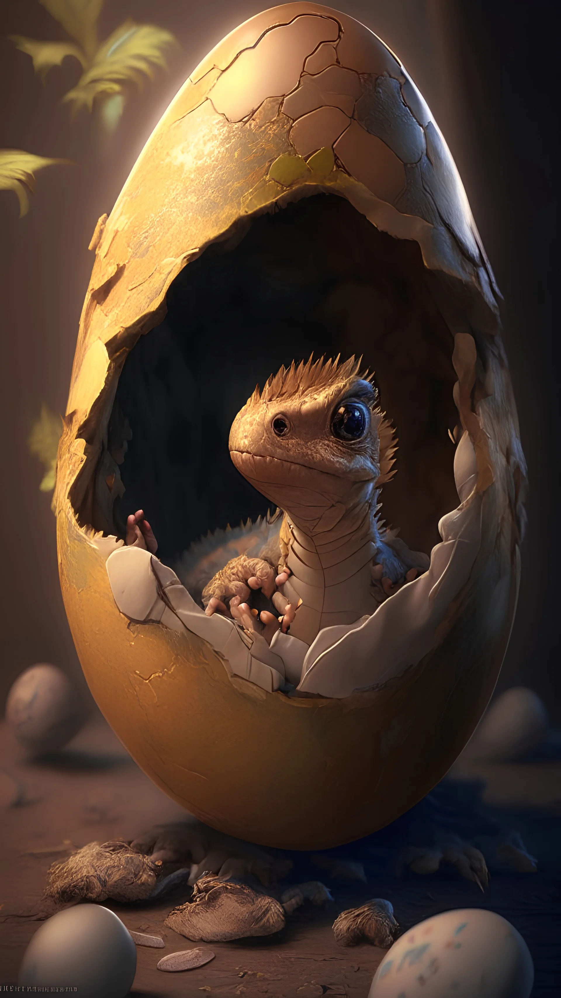 photorealistic cute little dinosaur hatching from an egg, hyperdetailed painting, luminism, Bar lighting, complex, ancient greek clothes, messy brown old clothes, 4k resolution concept art, Artgerm, WLOP, Alphonse Mucha, 3d render, octane render, intricately detailed, cinematic, trending on artstation | Isometric | Centered hipereallistic cover photo awesome full color, hand drawn, dark, gritty, realistic mucha, klimt, cinematic