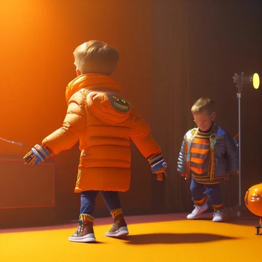 3d render, Willem dafoe toddler, full body, orange puffer jacket, dramatic lighting, volumetric lighting, concert background, hyper realistic, unreal engine 5, 8k, UHD,