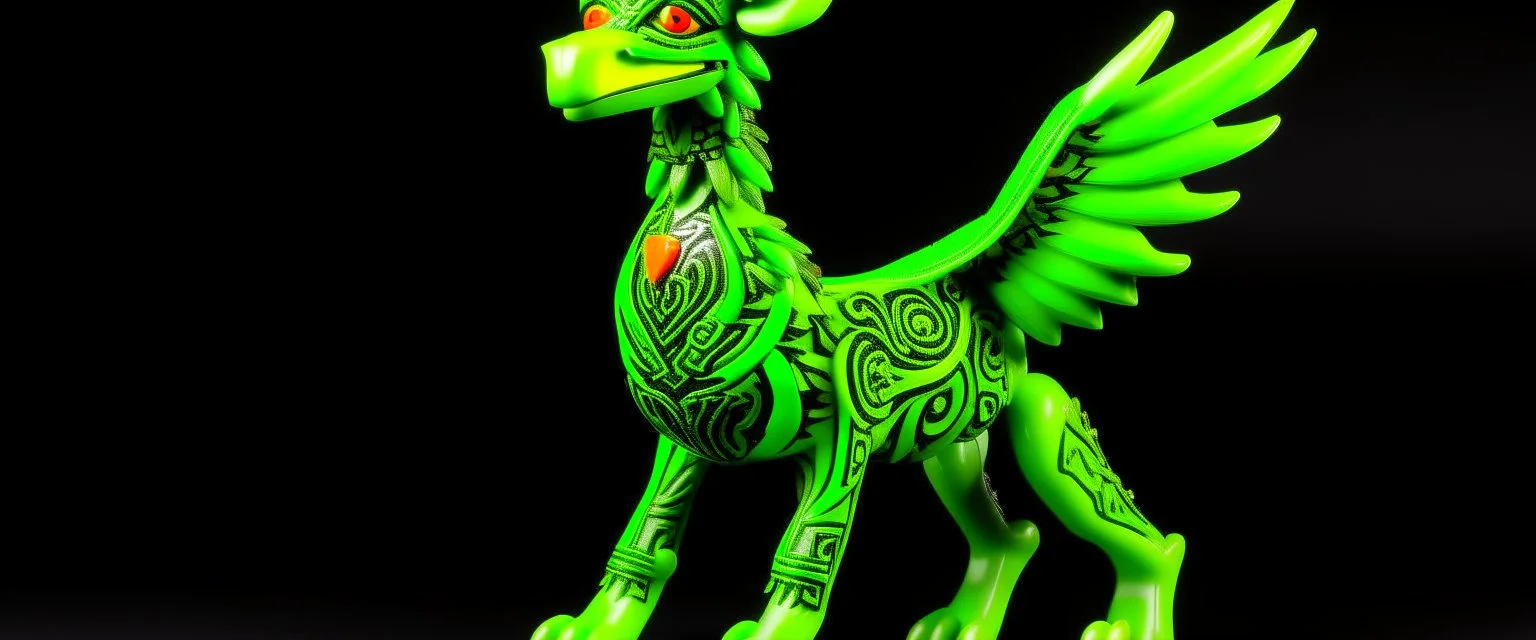 A lime green wind elemental griffin designed in Navajo baskets painted by Keith Haring