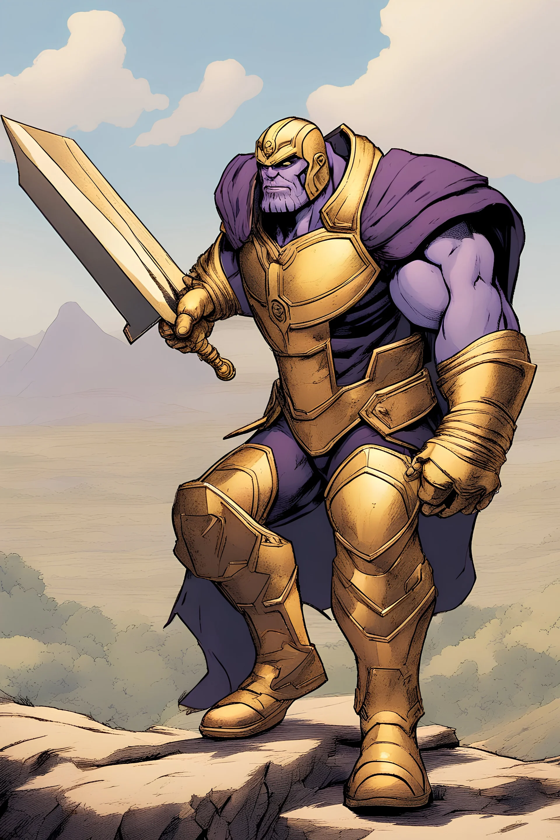 Thanos, the commander of the army of aliens and the king of the entire galaxy, is ready to go on a campaign with his two large swords, his very beautiful and impenetrable armor with his golden helmet, standing on top of a hill with his sword with infinity gauntlet