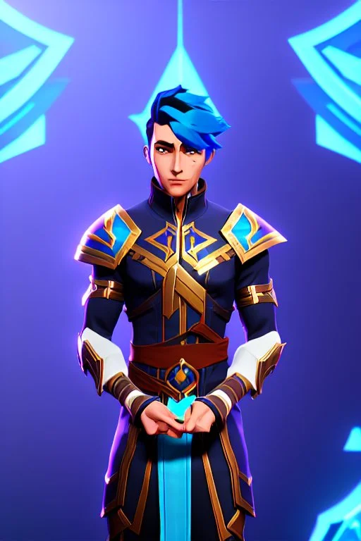 a human male with blue short hair and blue wings in assymetrical armor with geometric patterns and a book in hand