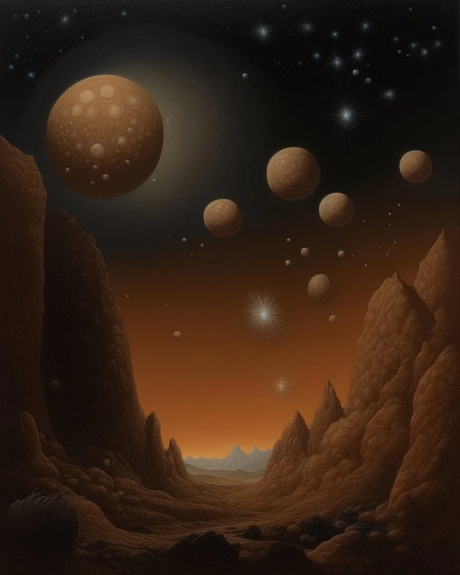 A brown outer space with giant asteroids designed in Mehndi design painted by Caspar David Friedrich