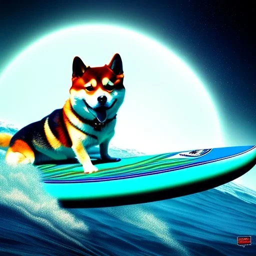 shiba inu riding a surfboard, in space