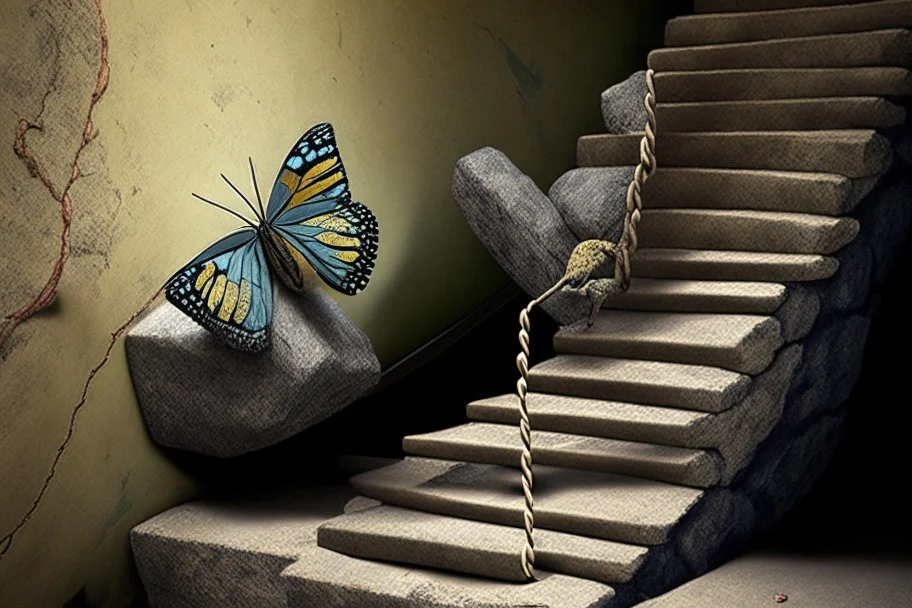 a butterfly trying to pull up a big stone on a staircase with a rope