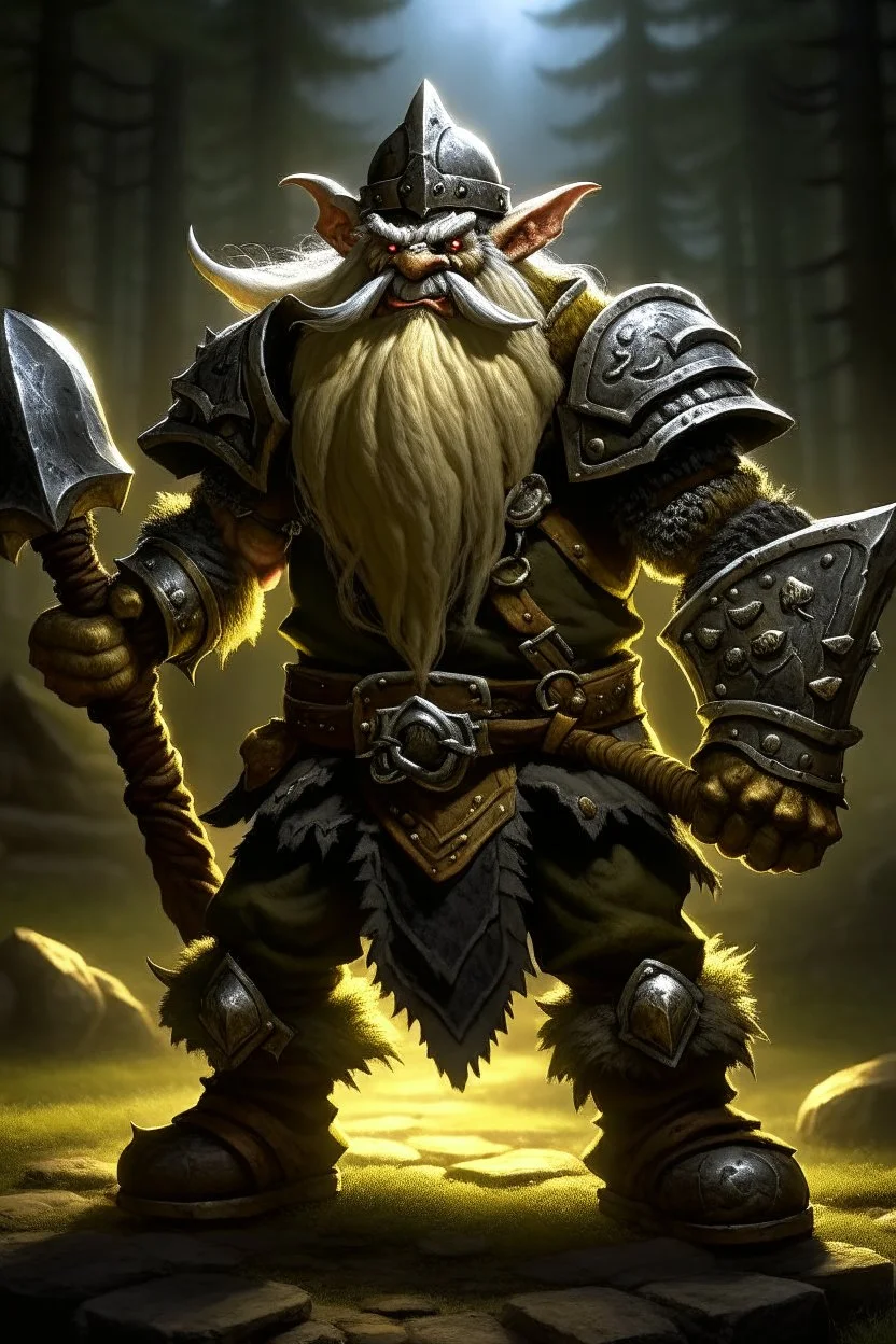 gnome warrior enraged fury berserker fantasy barbarian armored wild savage angry axes cleaver attack striking swinging chopping dual wielding two weapons mad consumed warcraft war knight soldier strong attacking