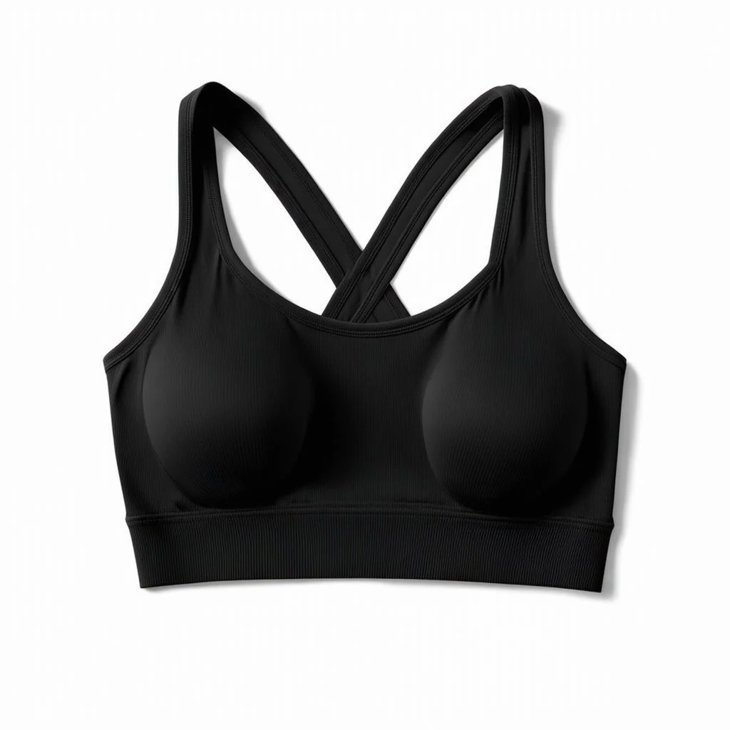 Folded Cross-back sport bra, top view, flat lay, realistic, active wear, black material, round neck, cross-back with double spaghetti straps